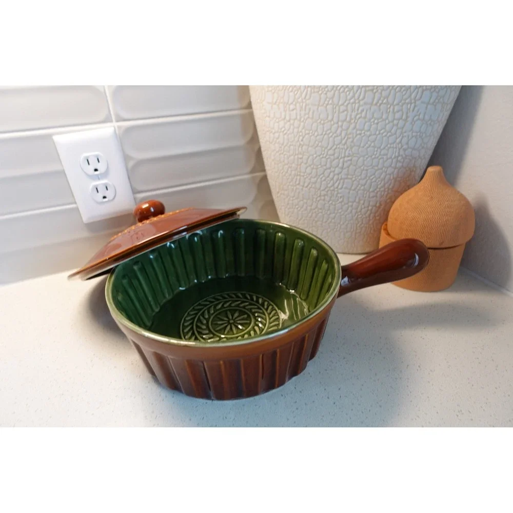Savinio Brown & Green Glazed Ceramic Baker Pan Casserole Dish with Lid Oven Safe